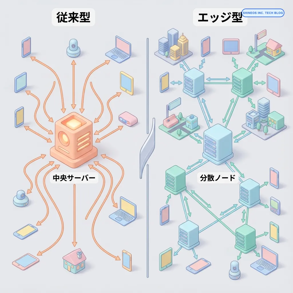 従来のアーキテクチャとエッジコンピューティングの比較